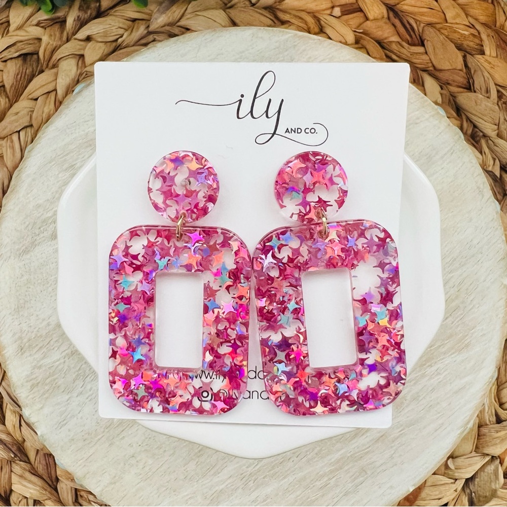 New Hot Pink Star Confetti Statement Earrings | Barbiecore | Lightweight